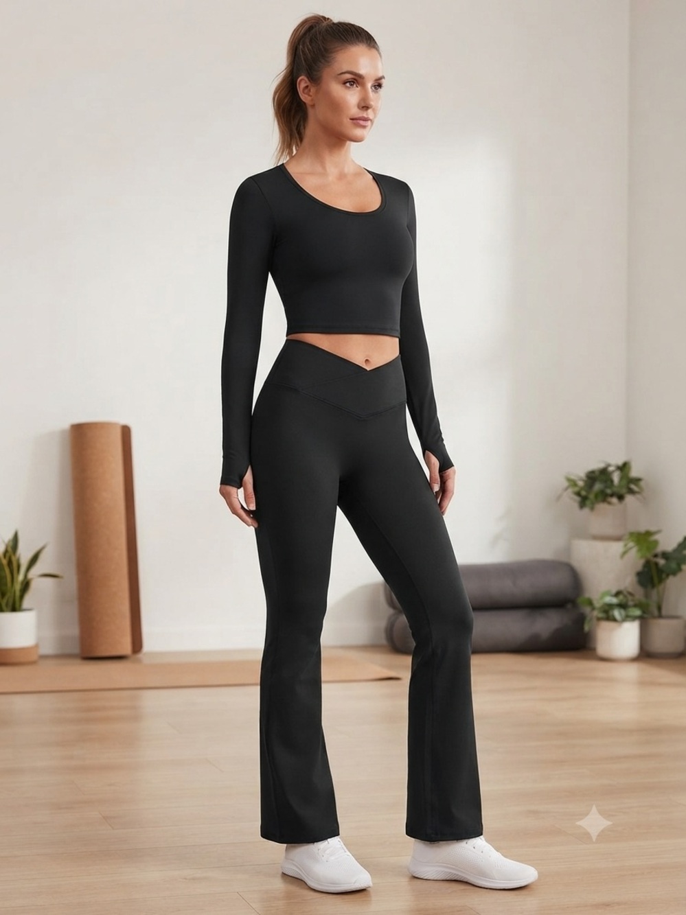 High-Rise Black Flare Active Pants with V-Waist